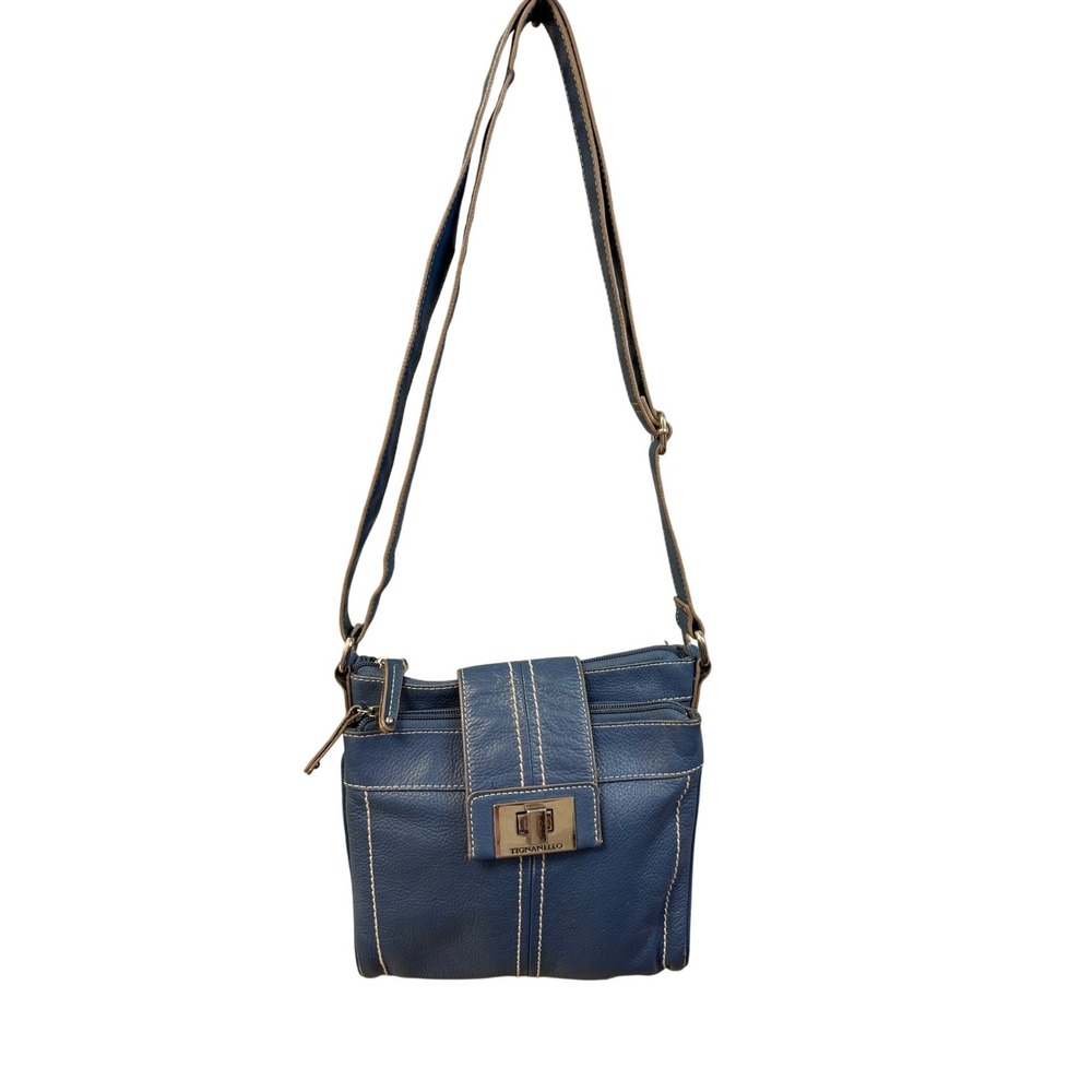 Tignanello Navy Blue Pebbled Leather Crossbody Organizer Bag Turn Lock